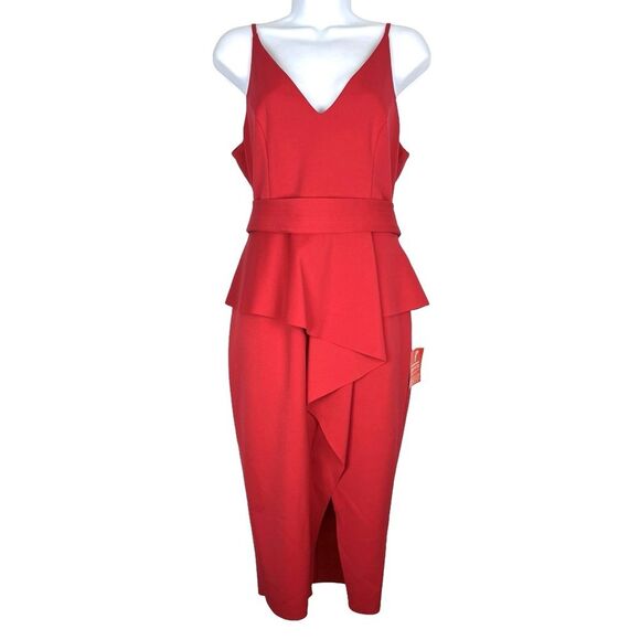 ASOS Soft Ruffle Peplum Red V-Neck Knee Length Belted Pencil Dress size 10 - Picture 2 of 5